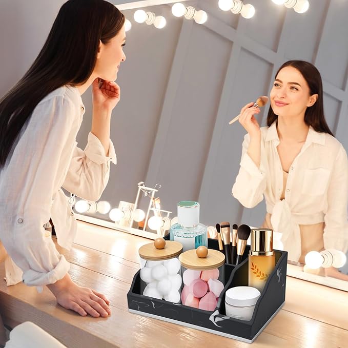 Bathroom Counter Organizer, Black Marble Toothbrush Holders for Bathrooms with 2PCS Qtip Holder, Bathroom Organizer Countertop Toothbrush and Toothpaste Holder for Makeup Organizer for Vanity