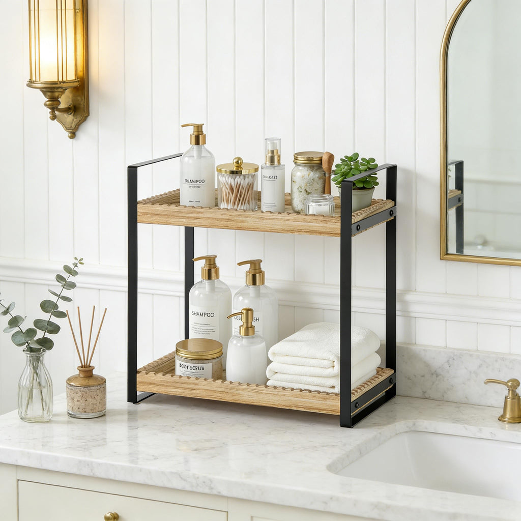 2 Tier Bathroom Organizers and Storage, Farmhouse Countertop Organizer for Bathroom Storage, Makeup Organizer for Decor, Wood Shelf for Perfume Skincare Kitchen Coffee Bar, Vanity Accessories (Brown)