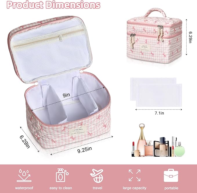 Gosect Makeup Bag, Portable Travel Make up Bag, Large Capacity Quilted Cosmetic Organizer Bag, Cute Floral Toiletry Bag for Women Girls (Pink Bow)