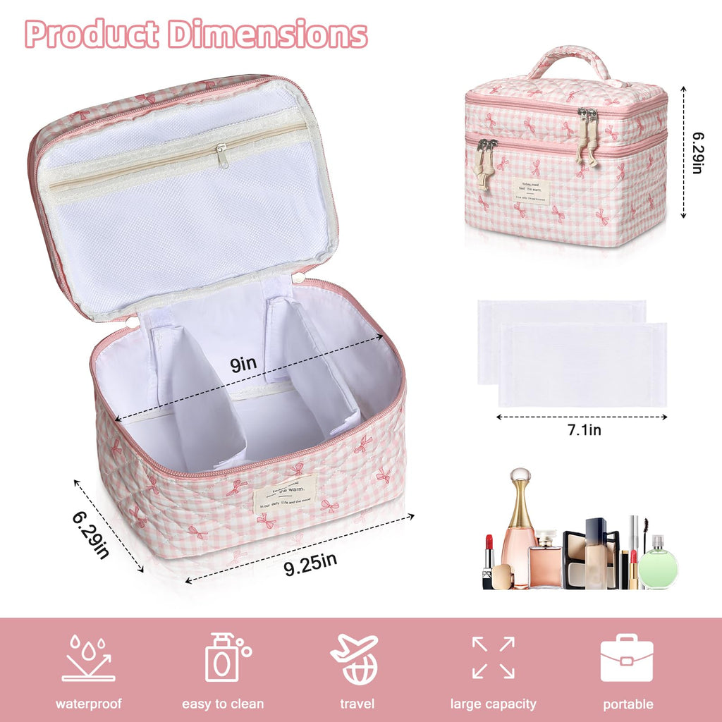 Gosect Makeup Bag, Portable Travel Make up Bag, Large Capacity Quilted Cosmetic Organizer Bag, Cute Floral Toiletry Bag for Women Girls (Pink Bow)