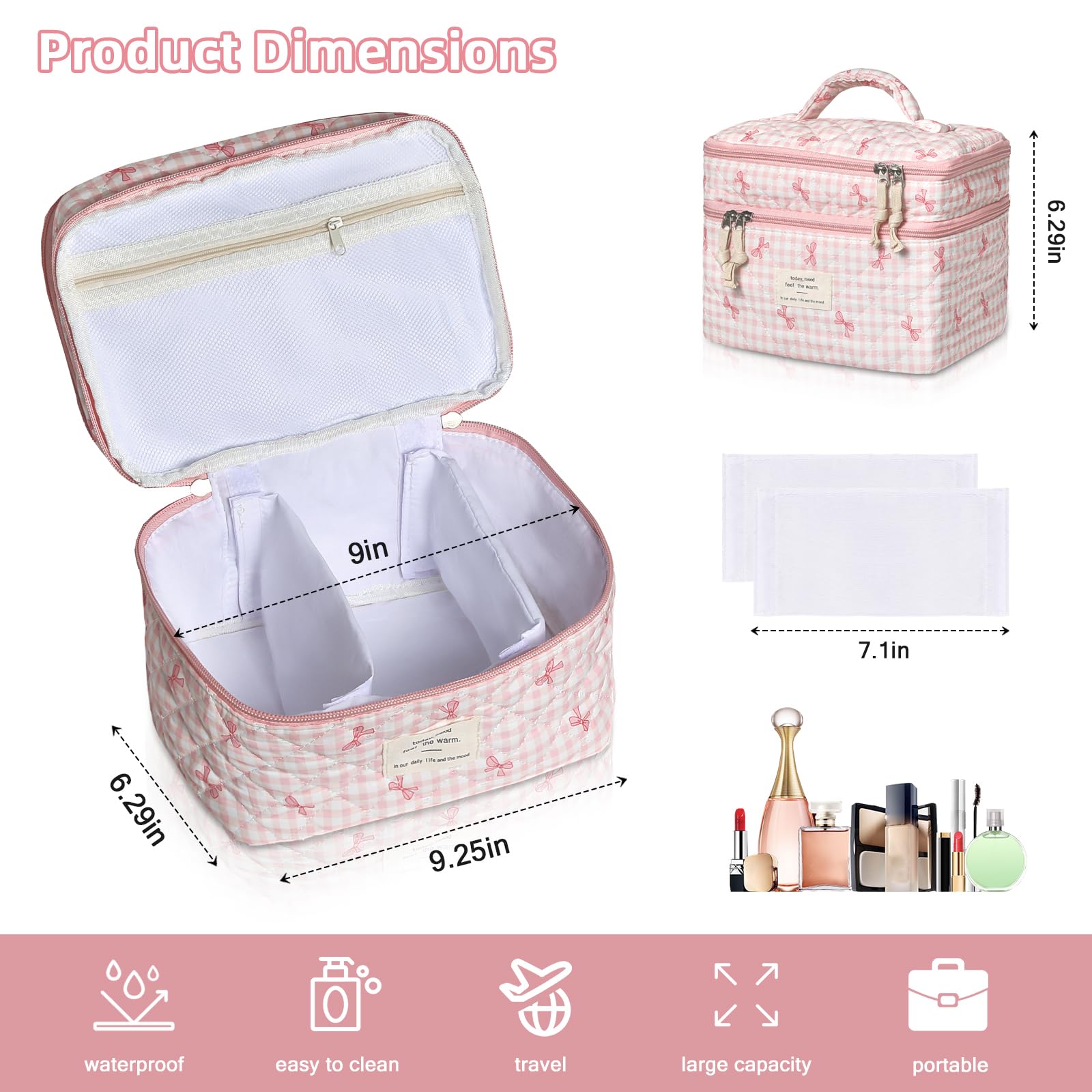 Gosect Makeup Bag, Portable Travel Make up Bag, Large Capacity Quilted Cosmetic Organizer Bag, Cute Floral Toiletry Bag for Women Girls (Pink Bow)