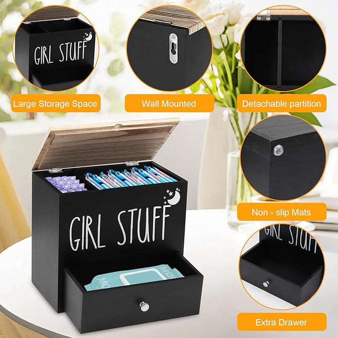 Tampon Holder for Bathroom, Feminine Product Organizer Pad Case with Lid, Pad and Tampon Organizer, Bathroom Accessories Box for Girl Stuff (Black with Drawers)