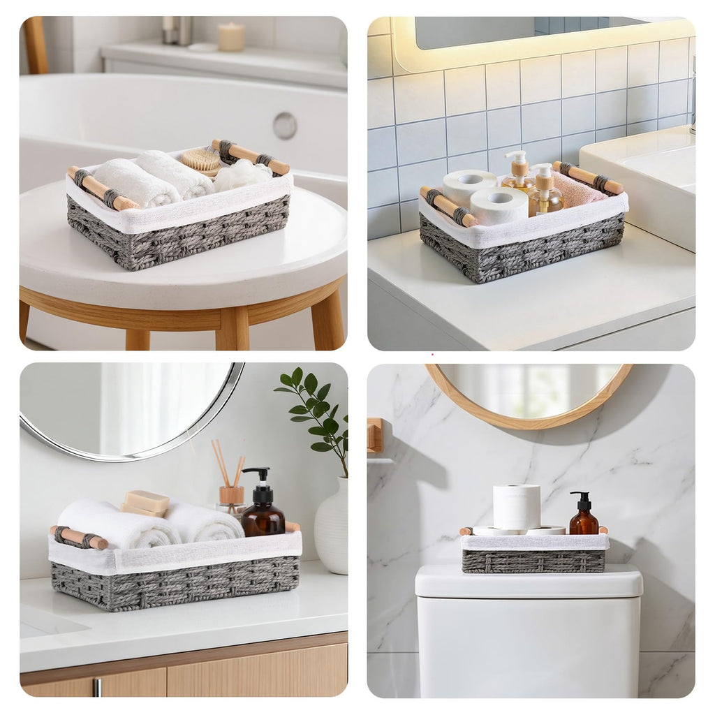 HomeHacks 2 Pack Storage Basket Paper Rope Baskets for Organizing with Handle Decorative Storage Bins for Countertop Toilet Paper Basket for Toilet Tank Top Small Baskets, Grey