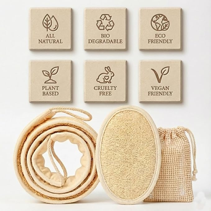 Natural Loofah Back Scrubber for Shower, Back Loofah for Women and Men, Exfoliating Loofah Sponge with Soap Bag, 3-pcs