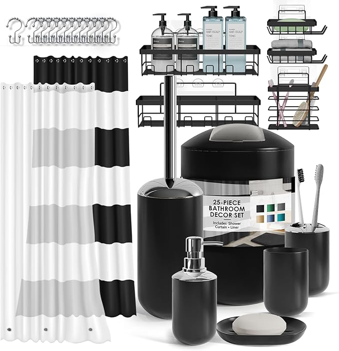 Clara Clark Bathroom Accessories Set - 23PC Shower Curtain Set with Bathroom Trash Can, Green Bathroom Set, Bathroom Sets with Shower Curtain and Green Rugs