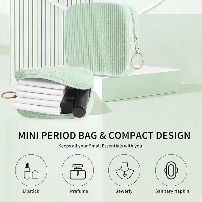 Teircno Sanitary Napkin Storage Bag, Preppy Corduroy Period Bag for School Teen Girls, Cute Portable Period Pouch with Zipper, Sanitary Pads Bag Tampons Holder for Purse, First Period for Women Ladies