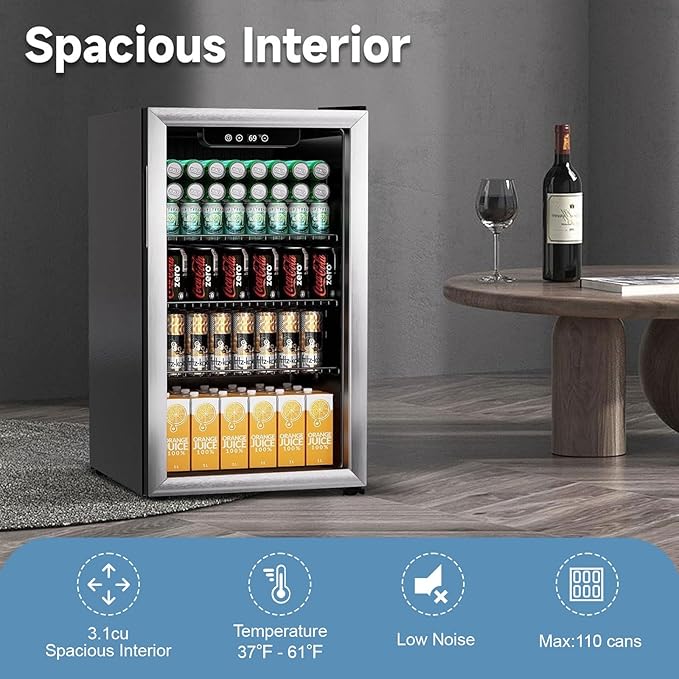 Erivess 3.1 Cubic Feet Mini Fridge,110 Can Freestanding Beverage Refrigerator with Glass Front Door for Soda, Beer Under Counter Small Refrigerator with Adjustable Shelves and Digital Display(Silver)