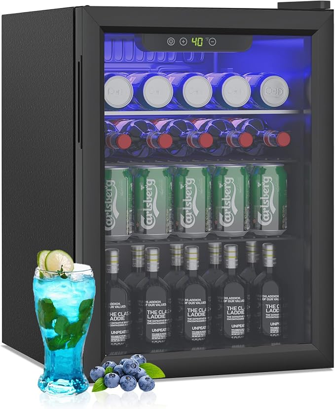 Stopsad Compact Beverage Refrigerator, 2.6Cu.Ft/95 Can Mini Fridge with Glass Door and Digital Display, Small Drink Fridge with Adjustable Shelves for Soda, Beer, or Wine, Compact Fridge for Home