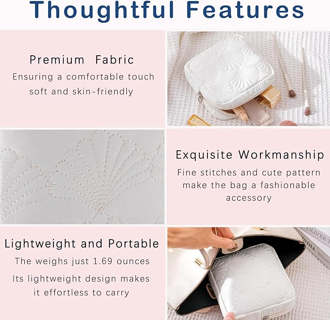RSRSLEII Small Quilted Cosmetic Pouch for Purse, Mini Cotton Makeup Bag with Compartments, Cute Zipper Lipstick Holder for Women (16Seashell)