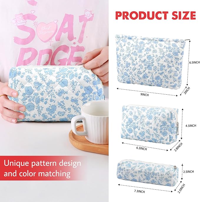 Gocvo 3 Pcs Makeup Bag Cosmetic Bag Set for Girls Women Checkered Travel Organizer Bathroom Toiletry Pouch Large Capacity Storage Bag(Blue Flower)