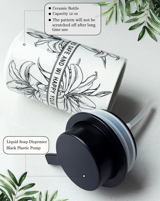 Ceramic White Liquid Soap Dispenser for Bathroom & Kitchen,Lily Pattern Hand Sanitizer Bottle,Chic Home Deco (Liquid)