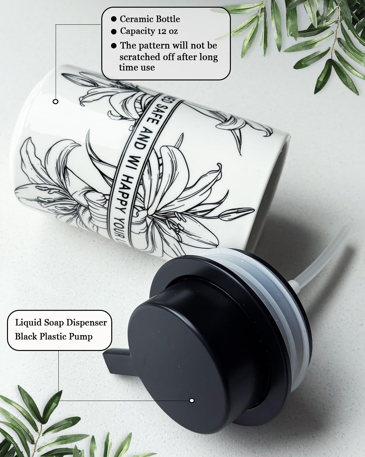Ceramic White Liquid Soap Dispenser for Bathroom & Kitchen,Lily Pattern Hand Sanitizer Bottle,Chic Home Deco (Liquid)