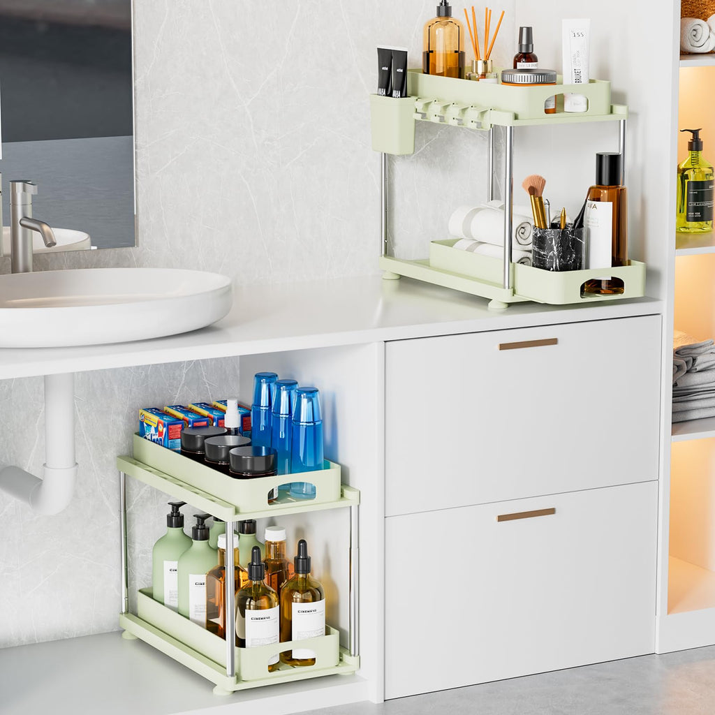 VERIFOST Under Sink Organizer, 2 Pack Under Kitchen Bathroom Cabinet Organizer, 2 Tier Under Bathroom Kitchen Sink Organizer, Adjustable Height Bathroom Kitchen Cabinet Organizers and Storage, Green