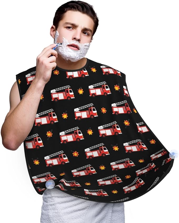 Non-Stick Beard Bib for Shaving, Fire Fighters Red Fire Truck Cartoon Shave Bib, Waterproof Hair Catcher with Suction Cups, Grooming Apron Men Husband