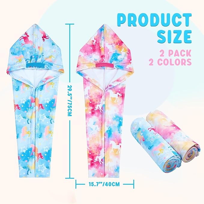 WAWSAM 2 Pack Kids Hair Drying Towel Wrap - Microfiber Hair Towel for Girls, Quick Dry Hair Cap with Button & Elastic Loop(Pink&Blue)