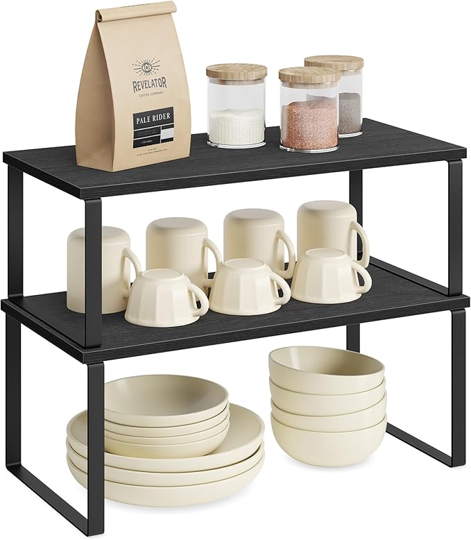 SONGMICS Cabinet Organizer Shelf, Set of 2 Kitchen Counter Shelves, Kitchen Storage, Spice Rack, Stackable, Expandable, Metal and Engineered Wood, 15.6 Inches, Ink Black and Charcoal Black UKCS025B01