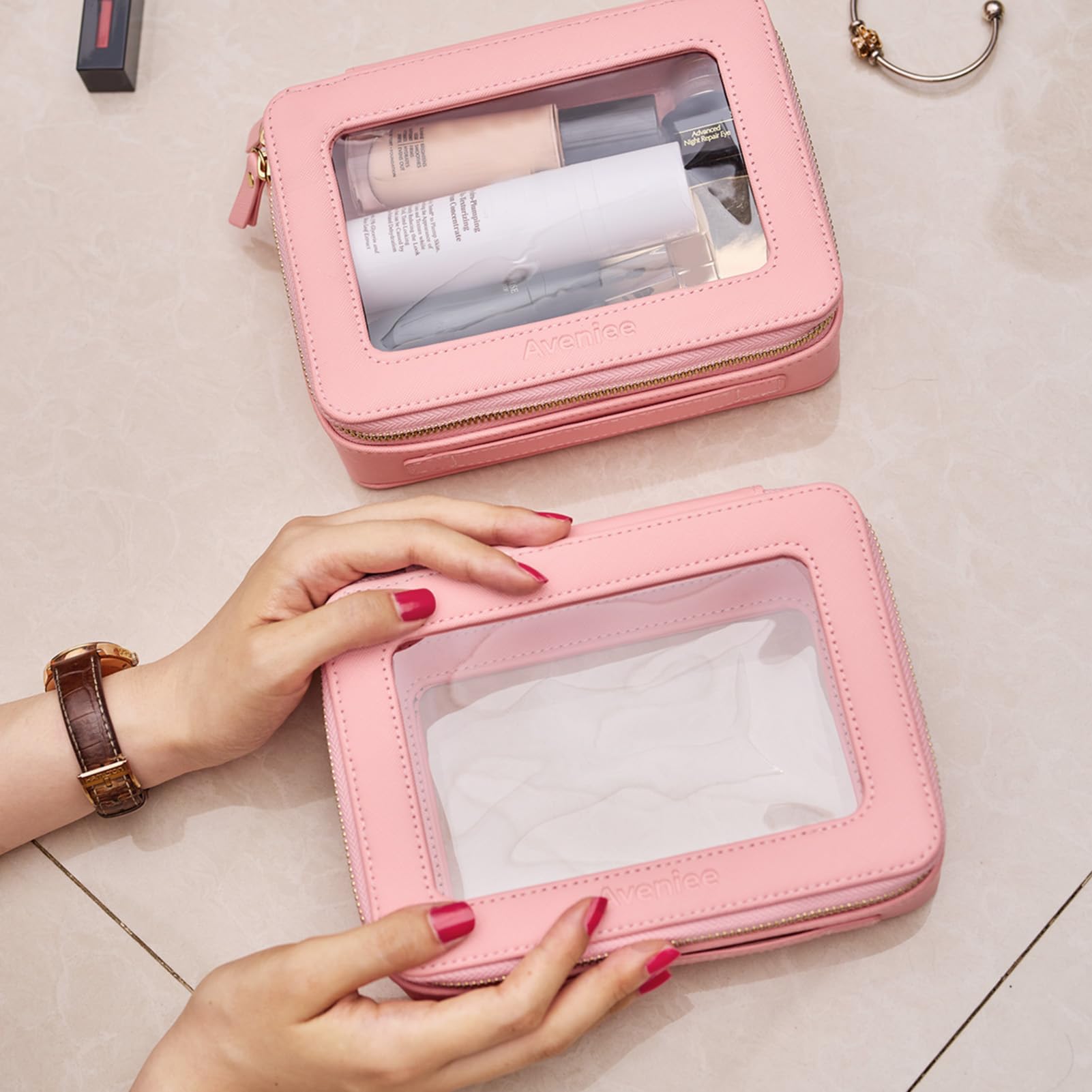 Aveniee Clear Makeup Bag Organizer Set,Portable Travel Toiletry Case for Women, Vegan Leather Cosmetic Pouch Car Bag for Essentials 2pcs,Middle & Large,Pink