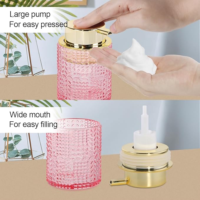 Fvstar 2pcs Glass Foaming Soap Dispenser, Pink Bathroom Foam Hand Soap Dispenser with Gold Pump, Refillable 10 Oz Lotion Shampoo Pump Dish Bottle Container for Bathroom Kitchen Decor