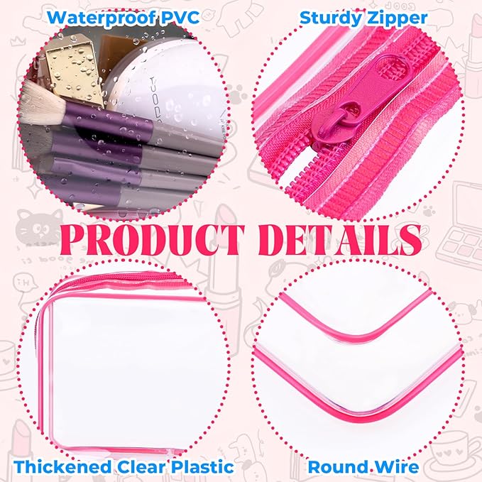 CHICAUP 6 Pieces Clear Makeup Bags Bulk TSA Approved Toiletry Bag for Travel PVC Waterproof Clear Cosmetic Pouch with Zipper for Men and Women Carry-on Travel Essentials (Rose Red)
