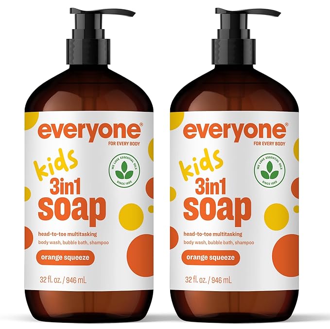 Everyone 3-in-1 Kids Soap, Body Wash, Bubble Bath, Shampoo, 32 Ounce (Pack of 2), Orange Squeeze, made with Essential Oils for Toddlers, tweens and teens