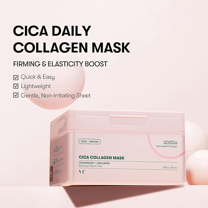 VT COSMETICS CICA Collagen Daily Mask, 30 Sheet Masks with 300Da Low Molecular Collagen, CICA, Hyaluronic Acid & Niacinamide, Hydrating Firming Face Mask for Plump Skin, Korean Skincare
