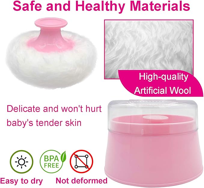 BPA Free Baby Powder Puff Box, Large 2.8" Fluffy Body After-Bath Powder Case, Baby Care Face/Body Villus Powder Puff Container, Makeup Cosmetic Talcum Powder Container with Hand Holder (Pink)