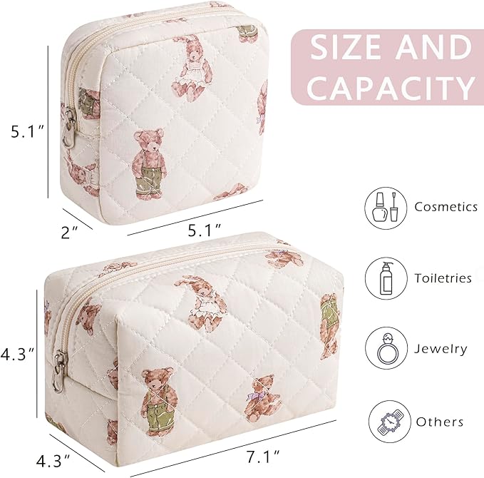 RSRSLEII 2 Pcs Quilted Cotton Makeup Bag Set, Small Aesthetic Cosmetic Bag with Bear Pattern, Cute Makeup Pouch for Purse, Kawaii Trendy Preppy Travel Toiletry Bag for Women and Girls(20 Bear Set)