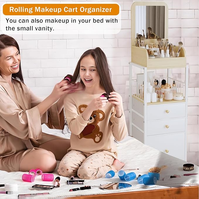 Makeup Cart Organizer with Mirror-Floor Makeup Organizer Cart with Drawers