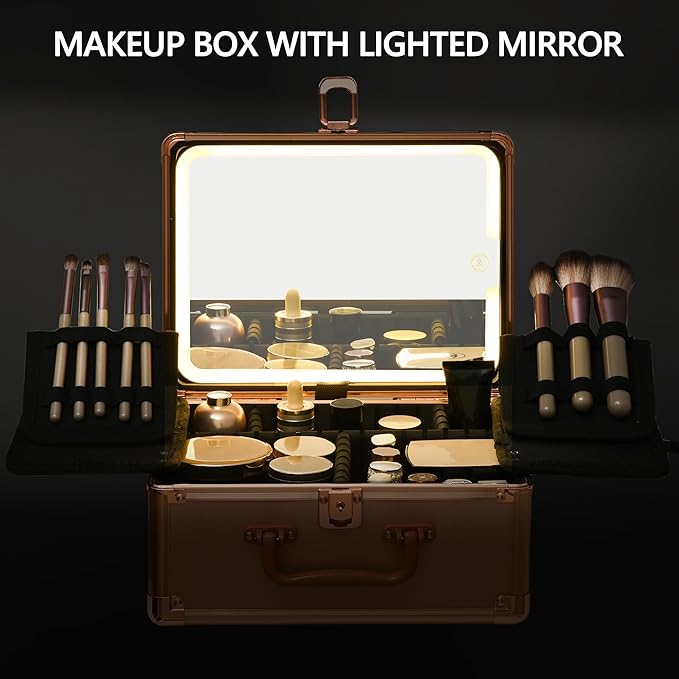 GALHUBIS Rose Gold Makeup Case with Lighted Mirror, Detachable LED Mirror, Travel Makeup Train Case, Waterproof Cosmetic Organizer, Standing Makeup Brush Holder, Gift