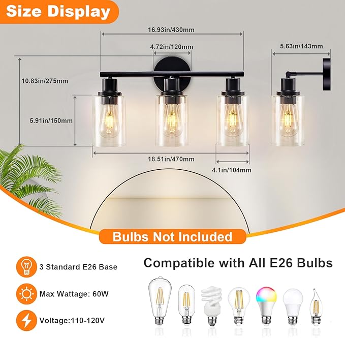 DLLT 3-Light Bathroom Light Fixtures: Set of 2 Black Modern Vanity Lights with Clear Glass Shade - 18.51" Bathroom Wall Lamp for Mirror Kitchen Living Room