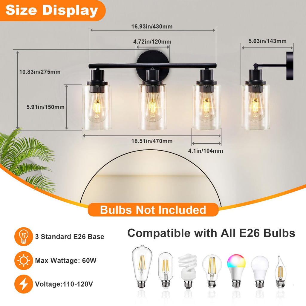 DLLT 3-Light Bathroom Light Fixtures: Set of 2 Black Modern Vanity Lights with Clear Glass Shade - 18.51" Bathroom Wall Lamp for Mirror Kitchen Living Room