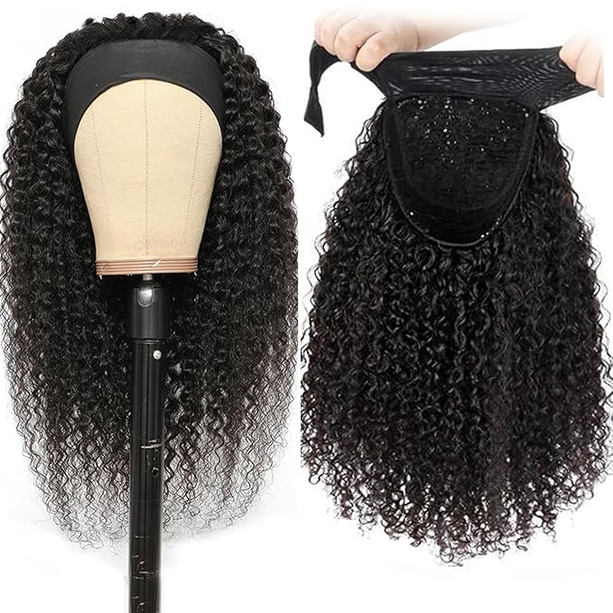 Brazilian Curly Headband Wig - 12 Inch Human Hair, Glueless, No Lace Front, Natural Color