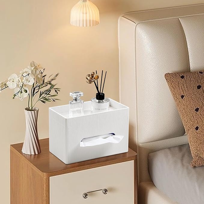 Tissue Box Cover Rectangle with Storage Tray, PU Leather Tissue Holder for Bathroom Vanity Countertop Night Stands Bedroom Office Desk, Stylish Rectangular Tissue Box Holder (Ivory)