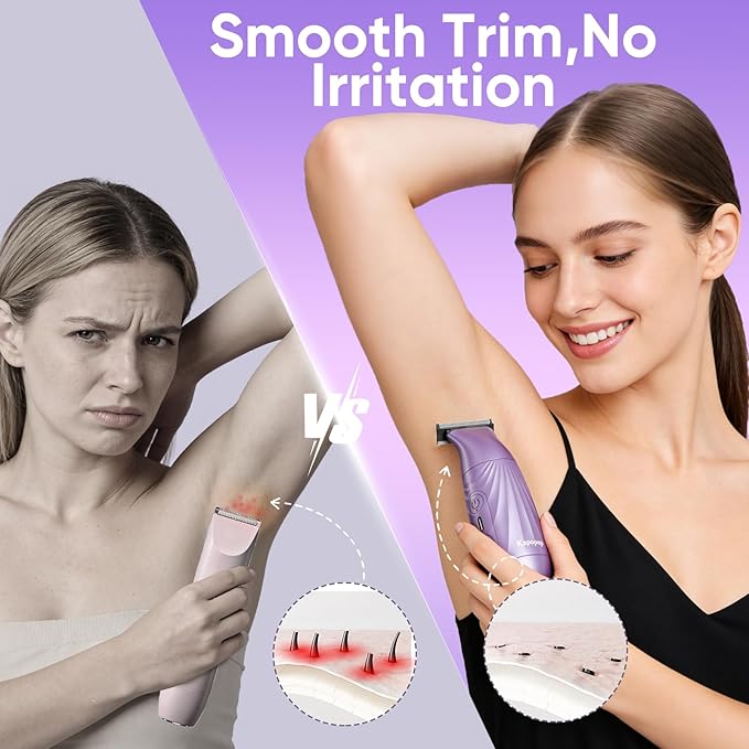 New Designed for Sensitive Skin Painless 2-in-1 Bikini Trimmer for Women,Dual Heads Electric Shaver & Razor for Body Pubic Underarm&Facial Hair,IPX7 Waterproof,Rechargeable Cordless Razor