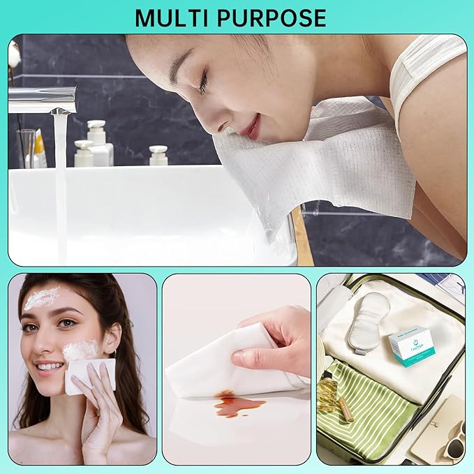 ONLYCARE Disposable Face Towel, Biodegradable Face Towels, 10" x 12" Super Thick Soft Facial Towels, 100 Count Face Towelettes Disposable for Sensitive Skin, Makeup Remover Dry Wipes, 2 Pack
