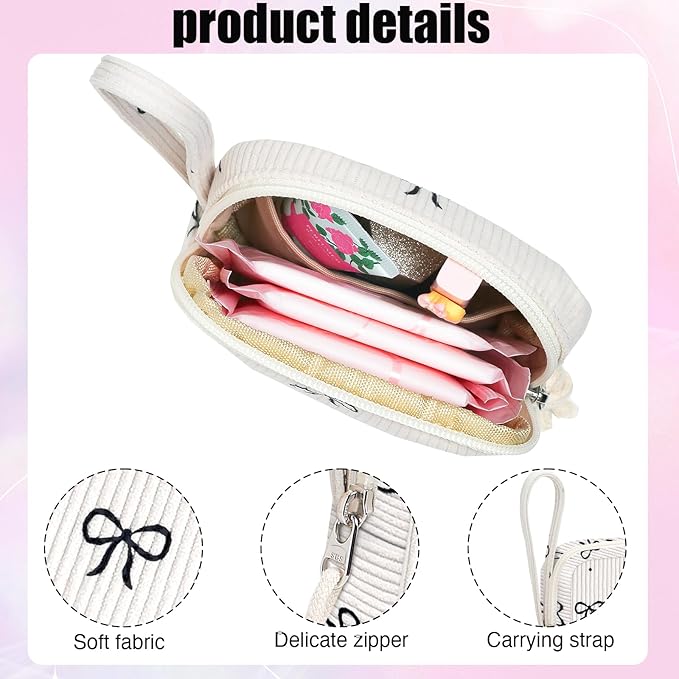 Chicarries Small Makeup Bag | Discreet Period Bag Pad Pouch for Purse| Sanitary Napkin Storage & Tampon Holder for Travel (Cute black bow)