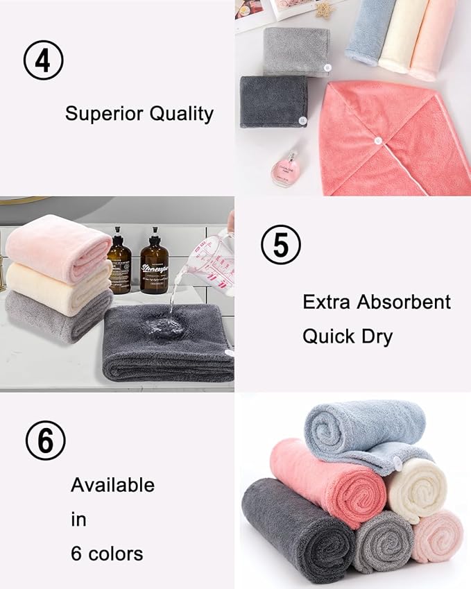 6 Pack Microfiber Hair Towel Wrap for Women,Super Absorbent Quick Dry Lightweight Turban with Button Anti Frizz Fast Drying for Straight Curly Hair