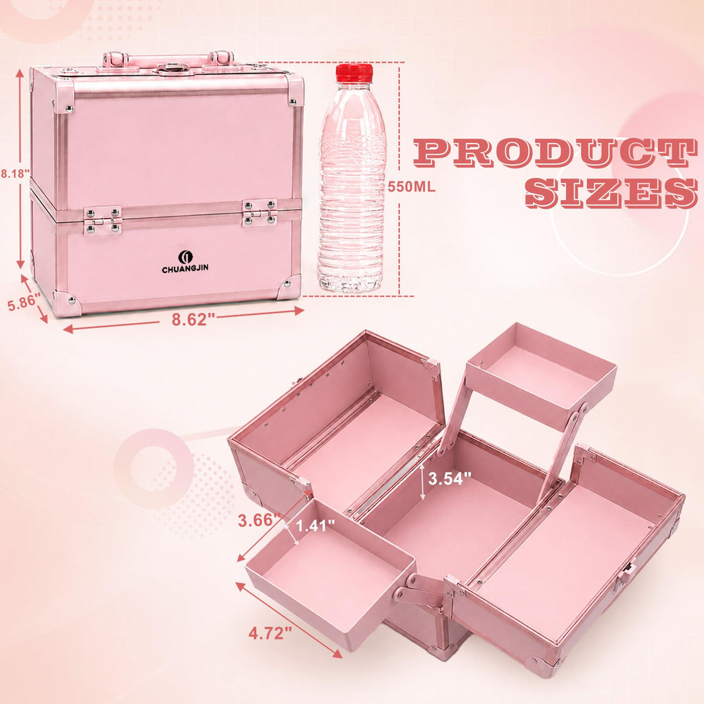 CHUANGJIN Makeup Box, 8.6 Inch 2-Tray Locking Makeup Case Organizer, Pink
