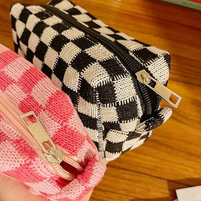 SxoSyo 2 Pcs Checkered Cosmetic Bags, Make up Brushes Cases, Blue