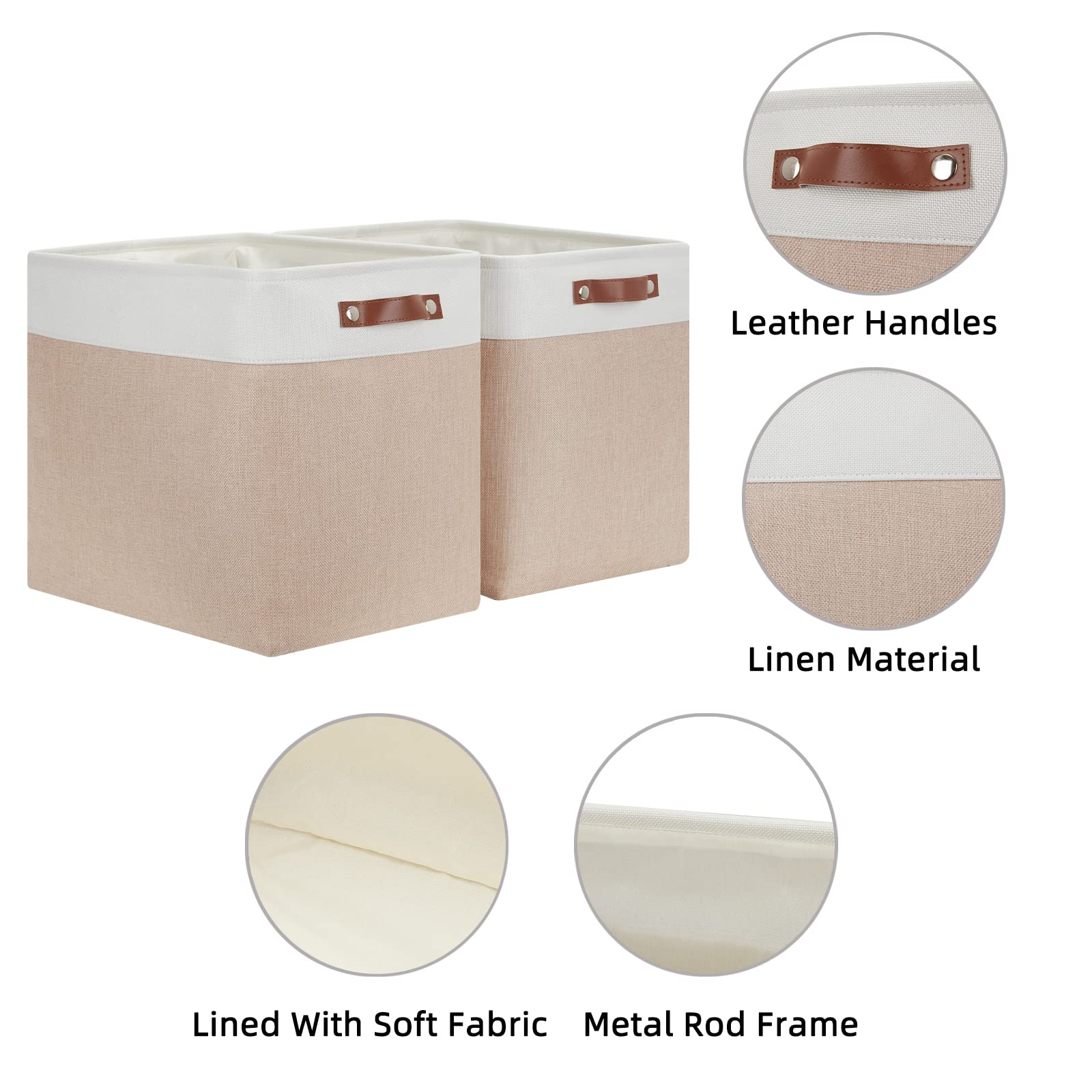 HNZIGE Large Fabric Storage Basket for Shelves, Rectangular Storage Bins Baskets for Storage, Canvas Collapsible Storage Bins with Handles for Organizing Home, Closet(White Beige)