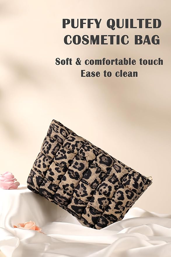 HFLZBRO Puffy Quilted Makeup Bag for Women, Cosmetic Bag, Travel Toiletry Organizer Pouch Clutch (Brown Leopard)