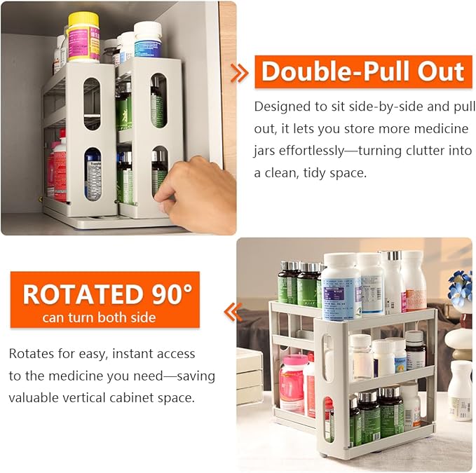 Medicine Organizer 2 Three-Decker Shelves Cabinet Storage Rack Organizer for Holding Vitamins, Supplements Cosmetics (9”H x 5.8”W x 10.4”D) (Natural White)