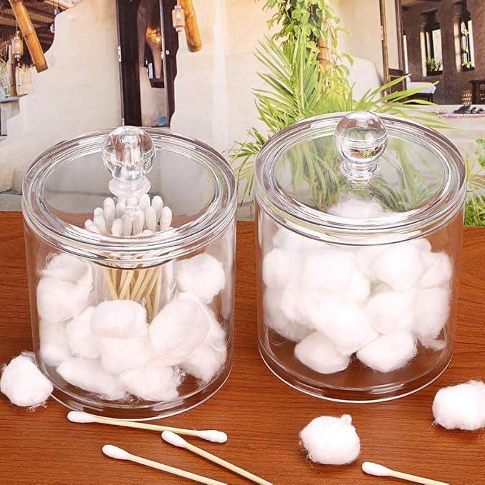 Hipiwe Cotton Ball and Swab Organizer with Lid Apothecary Acrylic Jar Makeup Qtip Organizer Bathroom Storage Canister Jar for Cotton Rounds Pads Q-tips Holder