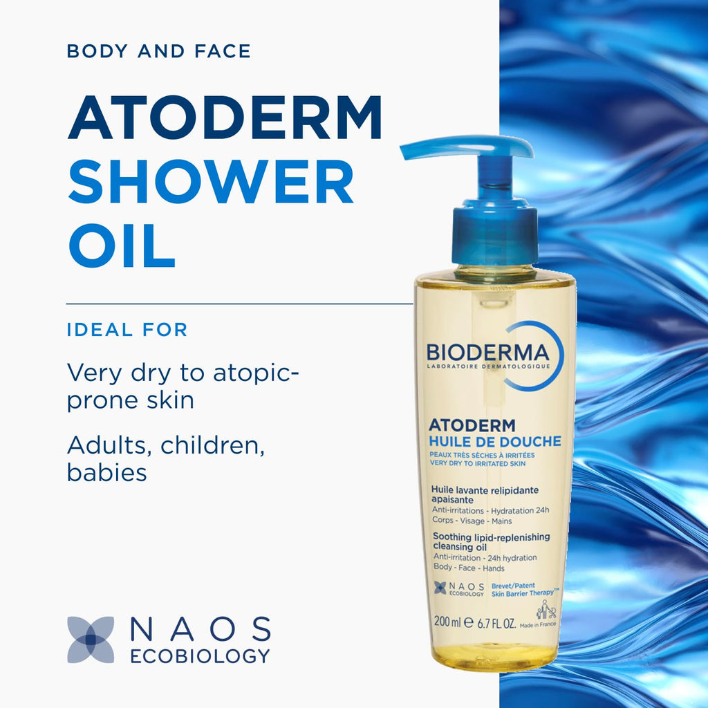 Bioderma - Atoderm - Cleansing Oil For Very Dry Sensitive Skin - Face and Body - Soothes Discomfort - 6.7 Fl Oz (Pack of 1)
