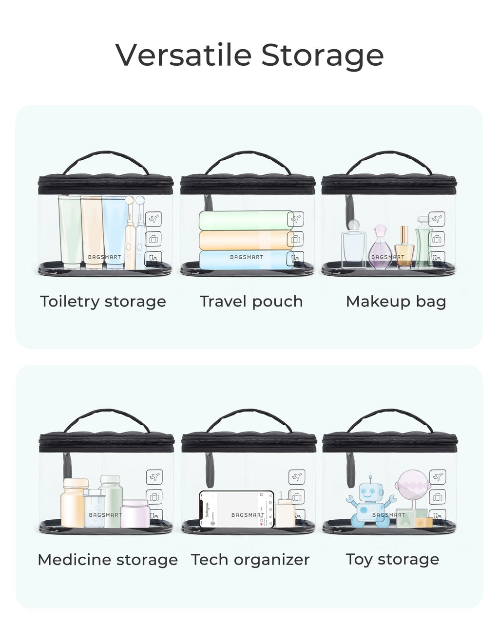 BAGSMART TSA Approved Toiletry Bag, Clear Makeup Cosmetic Bag Organizer, Quart Size Travel Bag for Toiletries, Carry-on Travel Accessories Essentials, 1 Pack-Black
