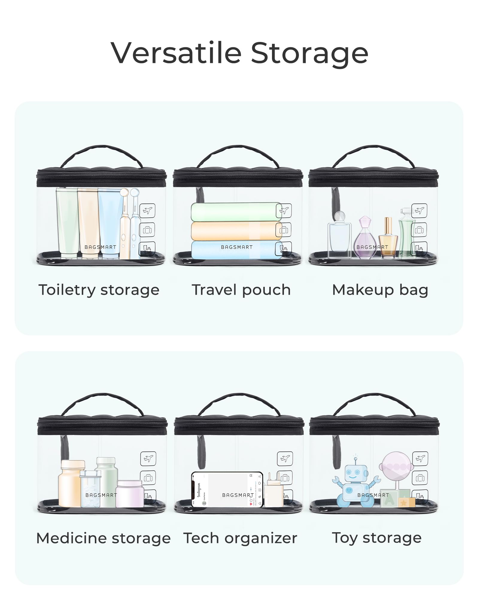 BAGSMART TSA Approved Toiletry Bag, Clear Makeup Cosmetic Bag Organizer, Quart Size Travel Bag for Toiletries, Carry-on Travel Accessories Essentials, 1 Pack-Black