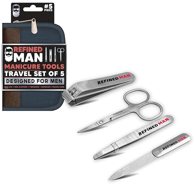 BLKSMITH Refined Man Manicure and Pedicure Kit Set of 5 - Manicure Kit for Men - Nail Clipper Kit with Nail File, Clippers, Scissors, Tweezer & Travel Case - Designed for Men (Brown/Navy)