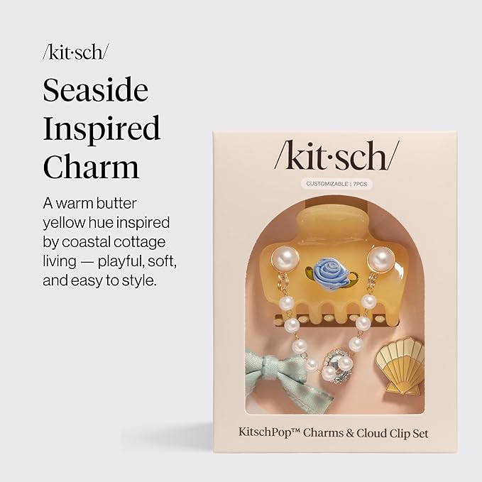 KitschPop ™ Hair Clips For Women with Charm Sets -Customizable Cloud Claw Clip With Interchangeable Collectible Cute Charms - Coastal Cottage - Butter Yellow, 7pcs Set