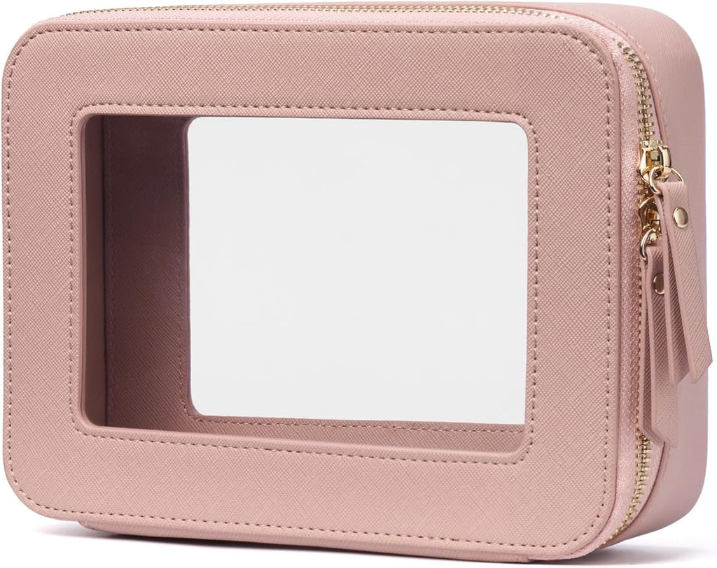 Popvibe Clear Makeup Case Pink Toiletry Bag Travel Medium Clear Cosmetic Bag with Zipper, Small Make Up Bag Organizer Traveling TSA Approved Transparent Bag Car for Essentials