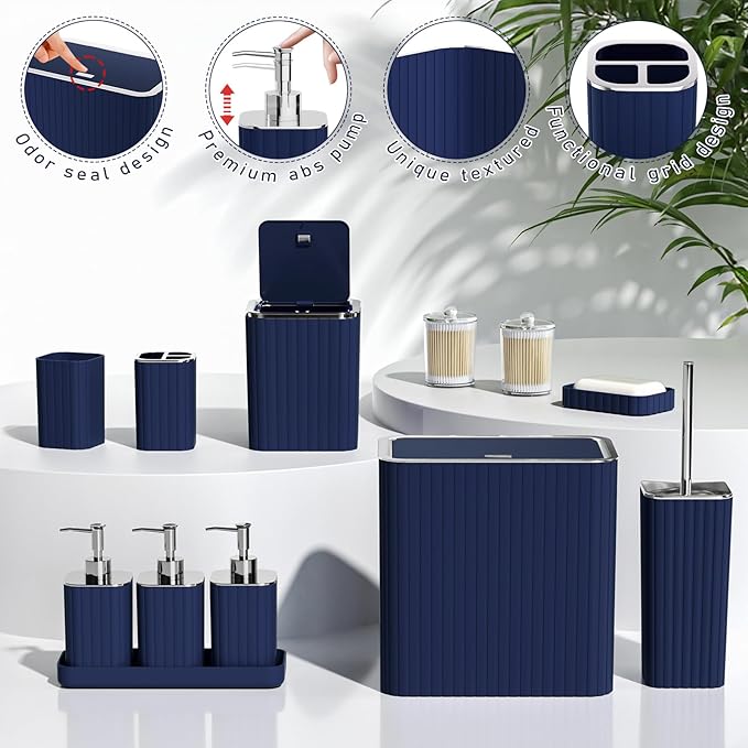 InnJoey Bathroom Accessory Set - Bathroom Set, 27PC Bathroom Accessories Set, Navy Blue Bathroom Sets with Shower Curtain and Rugs, Mini Trash Can, Toilet Brush, Trash Can & Soap Dispenser